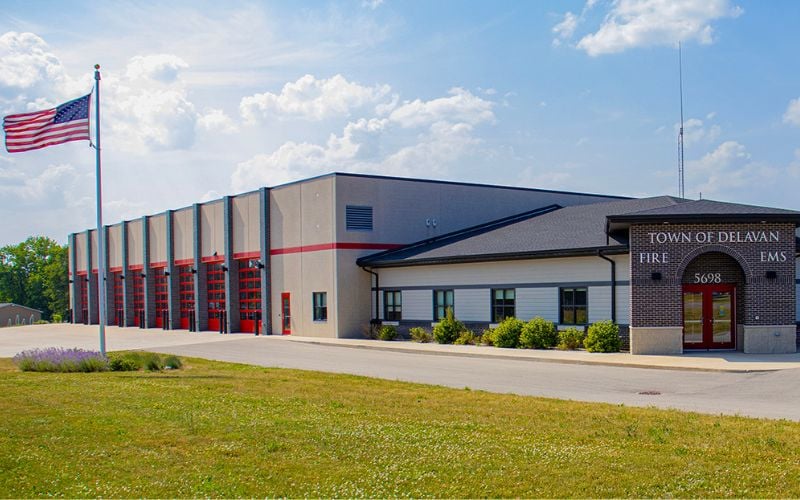 An exterior view of Delavan Fire Station, a municipal construction project designed and built by Scherrer Construction in Wisconsin. 