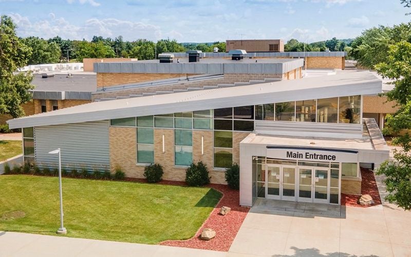 An aerial view of the exterior of North Central Tech's main entrance built by Scherrer Construction in Wisconsin. 