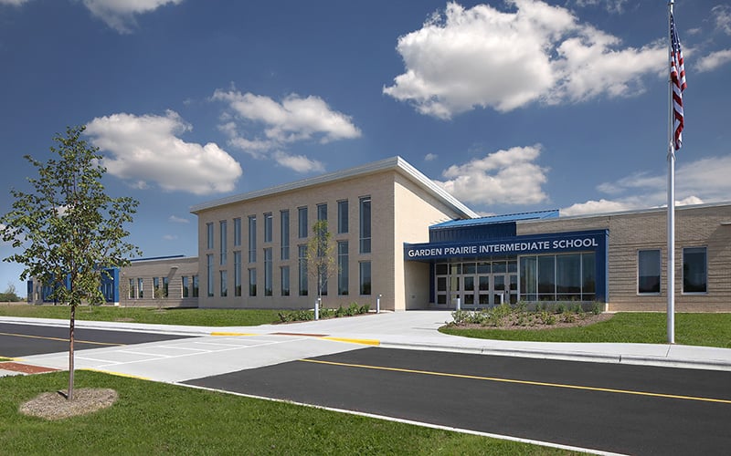 The facade of Garden Prairie Intermediate K-12 School built by Scherrer Construction in Wisconsin. 