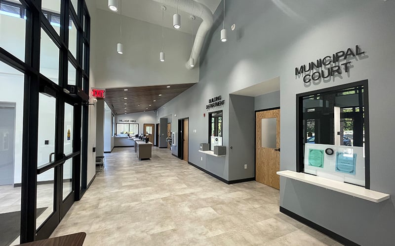 An interior view of the entrance hall of the Twin Lakes Village Hall, a municipal construction project completed by Scherrer Construction in Wisconsin. 