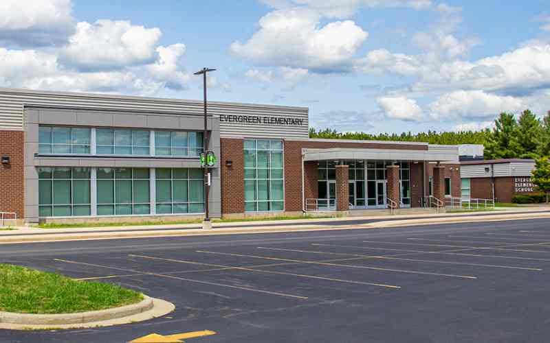 An exterior view of Evergreen Elementary School, renovated by Scherrer Construction in Wisconsin. 