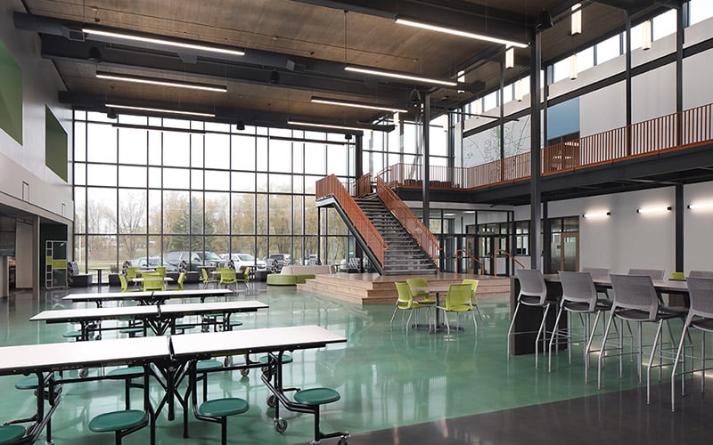 An interior view of the commons area of Fox River Middle School, renovated and expanded by Scherrer Construction in Wisconsin. 