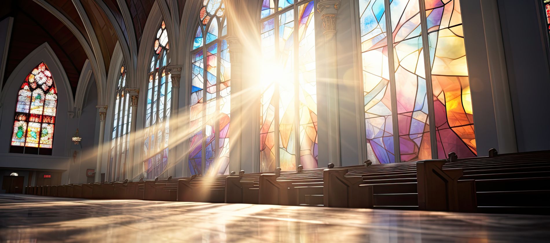 A ray of sun shining through beautiful stained-glass windows in a church constructed by Scherrer Construction in Wisconsin. 