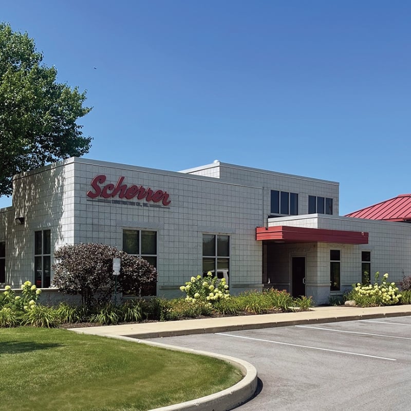 The facade of the Scherrer Construction office in Burlington, Wisconsin. 